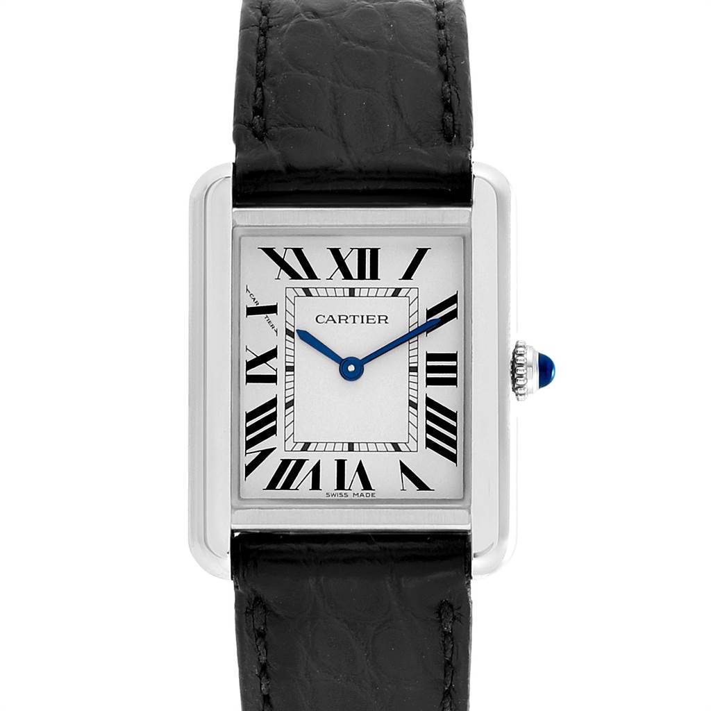 This image shows a front view of the Cartier Tank Solo W5200005 Women's Stainless Steel Silver Dial W5200005 Women's Stainless Steel Silver Dial with its rectangular dial, Roman numerals, and black leather strap.