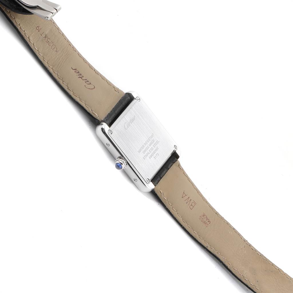 The image shows the back case and leather strap of a Cartier Tank Solo W5200005 Women's Stainless Steel Silver Dial W5200005 Women's Stainless Steel Silver Dial watch.