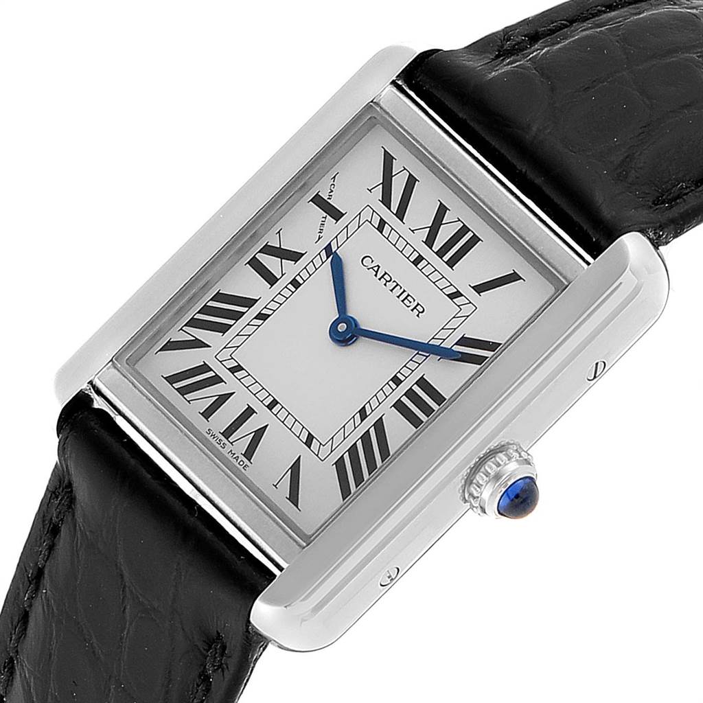 The image shows a top view of a Cartier Tank Solo W5200005 Women's Stainless Steel Silver Dial W5200005 Women's Stainless Steel Silver Dial watch with a leather strap, displaying the dial, blue hands, Roman numerals, and crown.