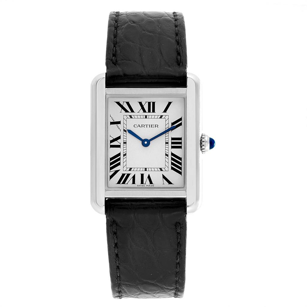 The image shows a front view of the Cartier Tank Solo W5200005 Women's Stainless Steel Silver Dial W5200005 Women's Stainless Steel Silver Dial watch, displaying its rectangular face, Roman numerals, and black leather strap.