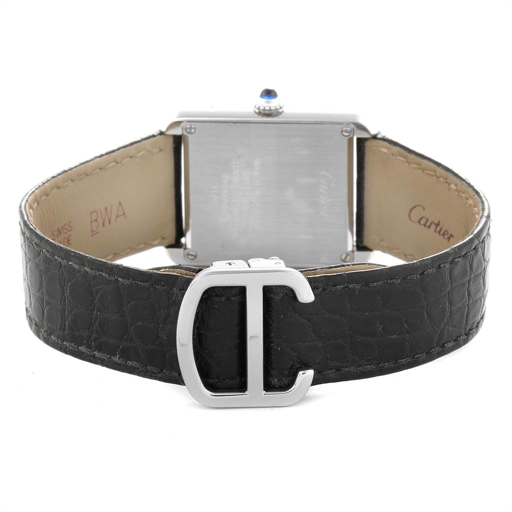 The image shows the back view of a Cartier Tank Solo W5200005 Women's Stainless Steel Silver Dial W5200005 Women's Stainless Steel Silver Dial watch, highlighting its leather strap and buckle.