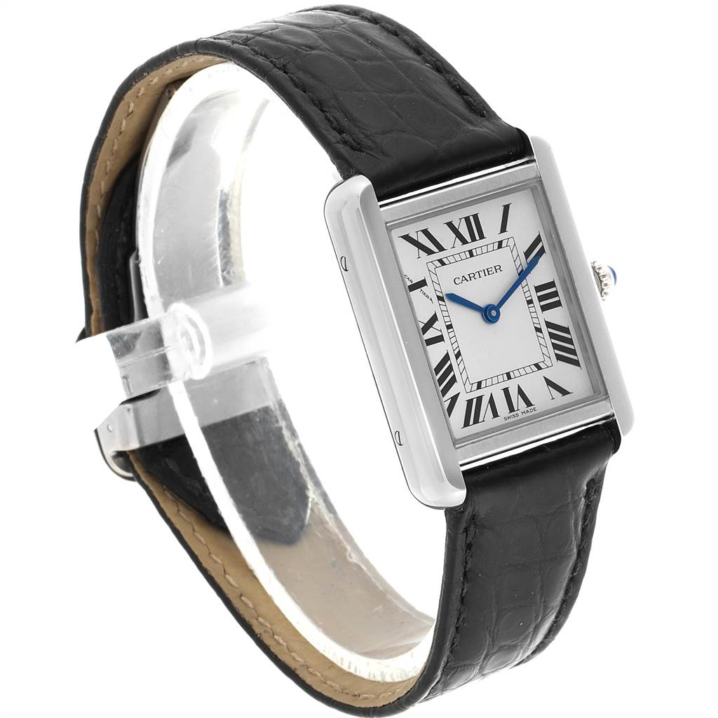 The image shows a Cartier Tank Solo W5200005 Women's Stainless Steel Silver Dial W5200005 Women's Stainless Steel Silver Dial watch at an angled side view, displaying the rectangular face and black leather strap.
