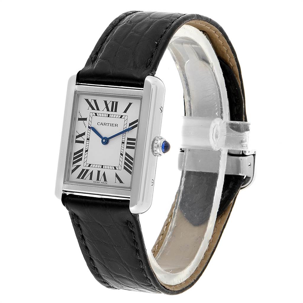 The image shows a Cartier Tank Solo W5200005 Women's Stainless Steel Silver Dial W5200005 Women's Stainless Steel Silver Dial watch at a slight angle, featuring a rectangular face, Roman numeral markers, and a black leather strap.