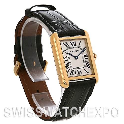 The image shows a Cartier Tank Solo W1018755 Women's Yellow Gold Silver Dial W1018755 Women's Yellow Gold Silver Dial watch at a three-quarter angle, highlighting its black leather strap and rectangular gold case.