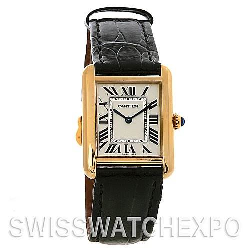 This image shows a front view of the Cartier Tank Solo W1018755 Women's Yellow Gold Silver Dial W1018755 Women's Yellow Gold Silver Dial watch, highlighting its rectangular face, Roman numerals, and black leather strap.