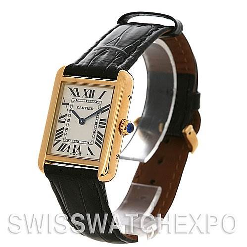 The image displays a Cartier Tank Solo W1018755 Women's Yellow Gold Silver Dial W1018755 Women's Yellow Gold Silver Dial watch at a three-quarter angle, highlighting the face, crown, and black leather strap.