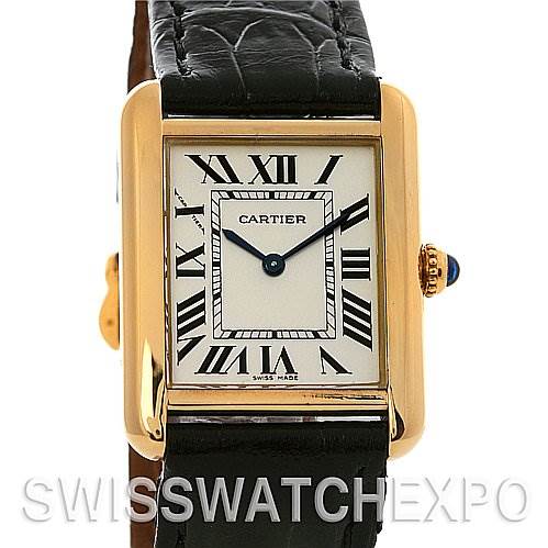 The image shows a front view of a Cartier Tank Solo W1018755 Women's Yellow Gold Silver Dial W1018755 Women's Yellow Gold Silver Dial watch, highlighting its face, Roman numerals, hands, and black leather strap.