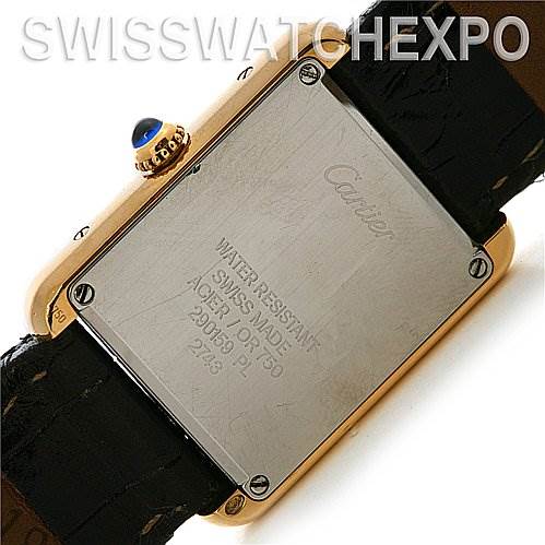 This is a rear-angle view of a Cartier Tank Solo W1018755 Women's Yellow Gold Silver Dial W1018755 Women's Yellow Gold Silver Dial watch, showcasing the case back and part of the strap.