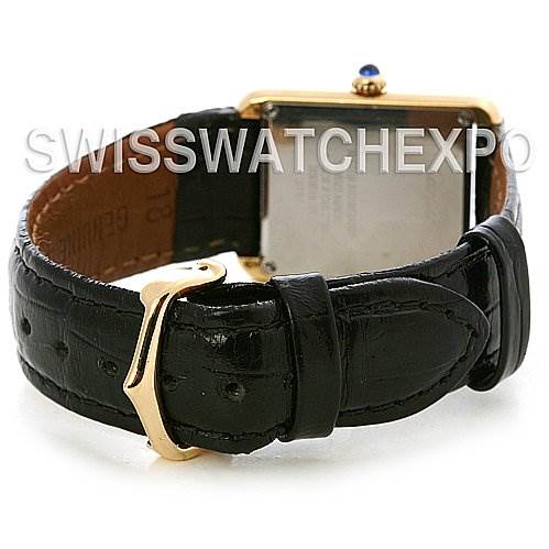 The image shows the back view of a Cartier Tank Solo W1018755 Women's Yellow Gold Silver Dial W1018755 Women's Yellow Gold Silver Dial watch, highlighting its leather strap and buckle.