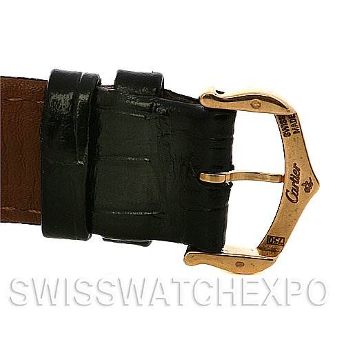 The image shows a close-up of the buckle and leather strap of the Cartier Tank Solo W1018755 Women's Yellow Gold Silver Dial W1018755 Women's Yellow Gold Silver Dial watch.