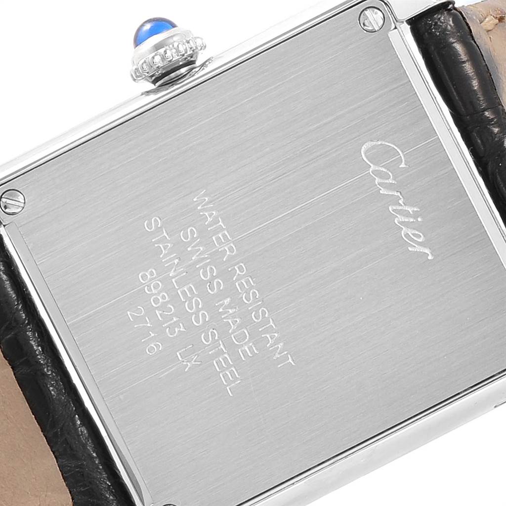 This image shows the back case of a Cartier Tank Solo W1018255 Women's Stainless Steel Silver Dial W1018255 Women's Stainless Steel Silver Dial watch, highlighting the brand name and specifications.