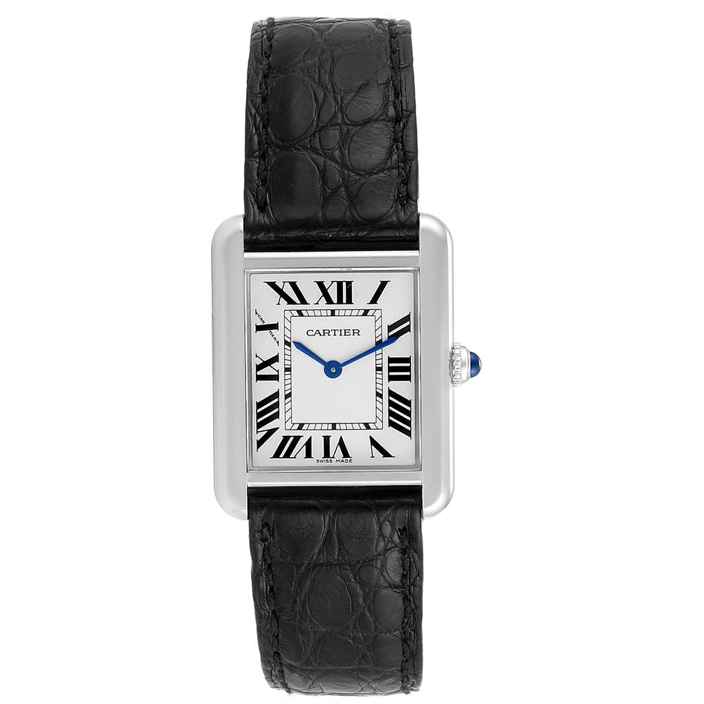 The Cartier Tank Solo W1018255 Women's Stainless Steel Silver Dial W1018255 Women's Stainless Steel Silver Dial watch is shown from a top-down angle, displaying its rectangular case, Roman numeral dial, and black leather strap.