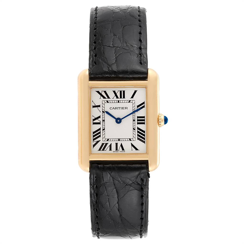 This is a front view of the Cartier Tank Solo W1018755 Women
s Steel and Gold (two tone) Silver Dial W1018755 Women
s Steel and Gold (two tone) Silver Dial watch, showing the face, rectangular gold case, and black leather strap.