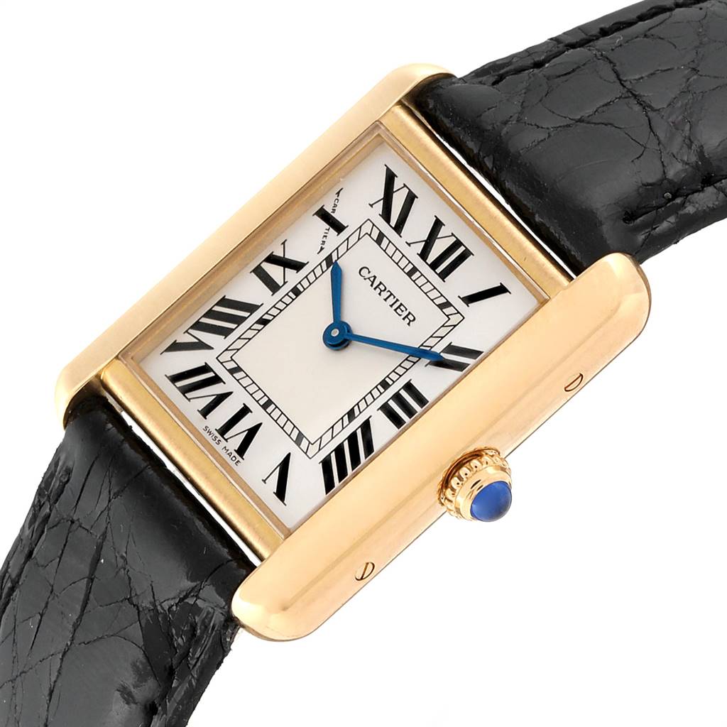 The Cartier Tank Solo W1018755 Women
s Steel and Gold (two tone) Silver Dial W1018755 Women
s Steel and Gold (two tone) Silver Dial watch is shown at an angle highlighting its rectangular face, Roman numerals, and leather strap.