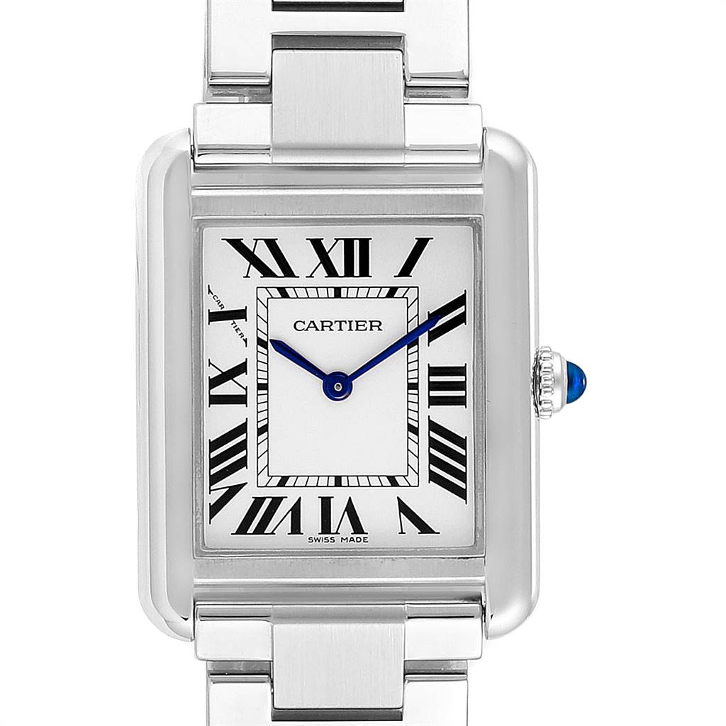 The Cartier Tank Solo W5200013 Women's Stainless Steel Silver Dial W5200013 Women's Stainless Steel Silver Dial watch is shown from a front angle, displaying its rectangular face, Roman numerals, and metal bracelet.