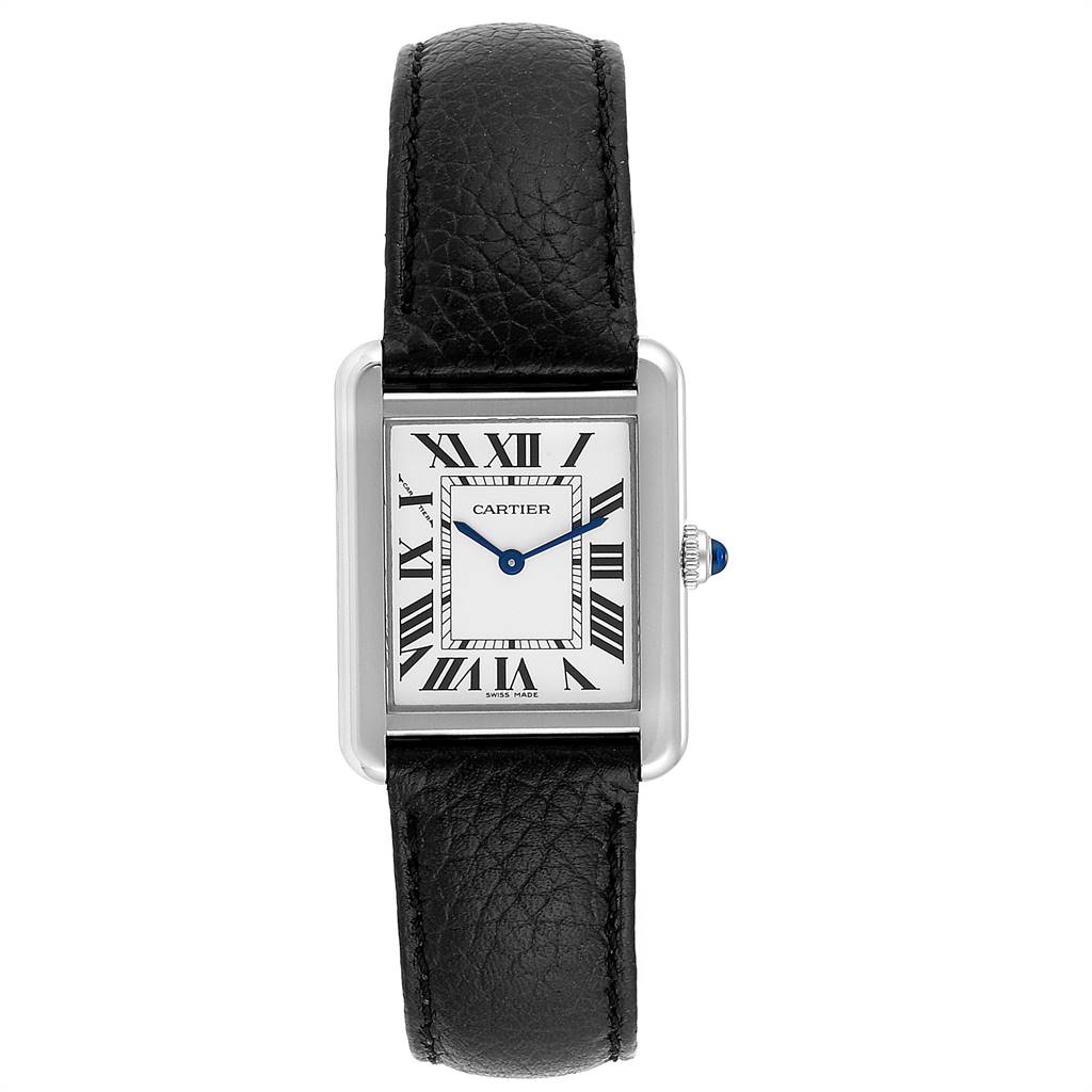 The image shows a Cartier Tank Solo W1018255 Women's Stainless Steel Silver Dial W1018255 Women's Stainless Steel Silver Dial watch from a front angle, displaying its face, leather strap, and crown.