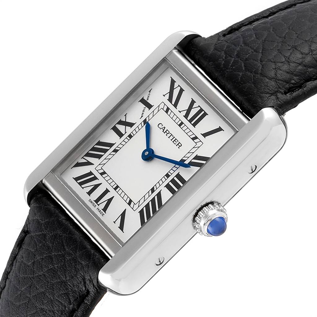 The image shows a Cartier Tank Solo W1018255 Women's Stainless Steel Silver Dial W1018255 Women's Stainless Steel Silver Dial watch at an angle displaying its face, crown, and black leather strap.