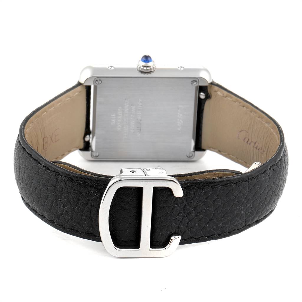 The image shows the back of the Cartier Tank Solo W1018255 Women's Stainless Steel Silver Dial W1018255 Women's Stainless Steel Silver Dial watch, highlighting the case back, leather strap, and buckle.