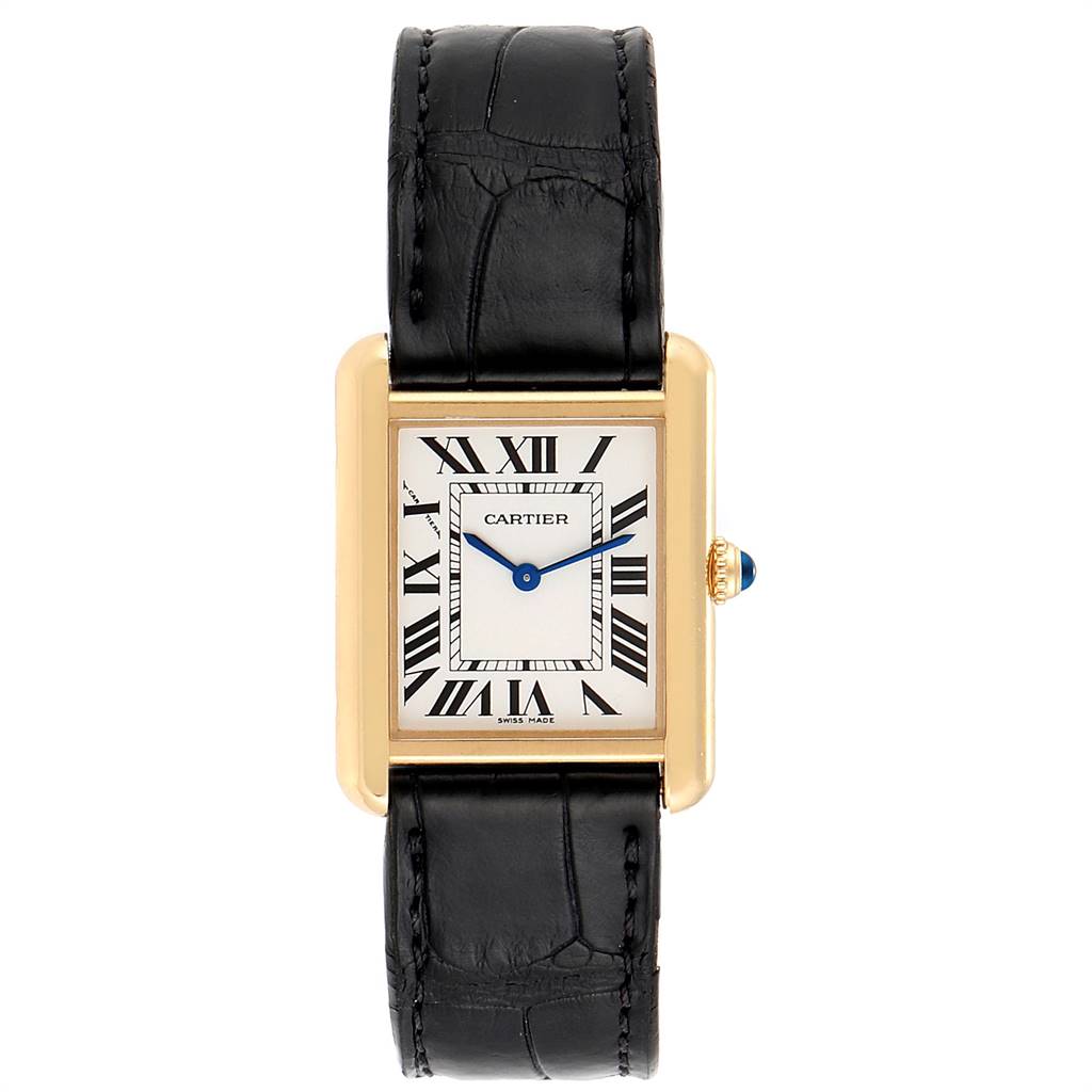 The image shows a Cartier Tank Solo W1018755 Women
s Steel and Gold (two tone) Silver Dial W1018755 Women
s Steel and Gold (two tone) Silver Dial watch from a front angle, displaying its dial, Roman numerals, and black leather strap.