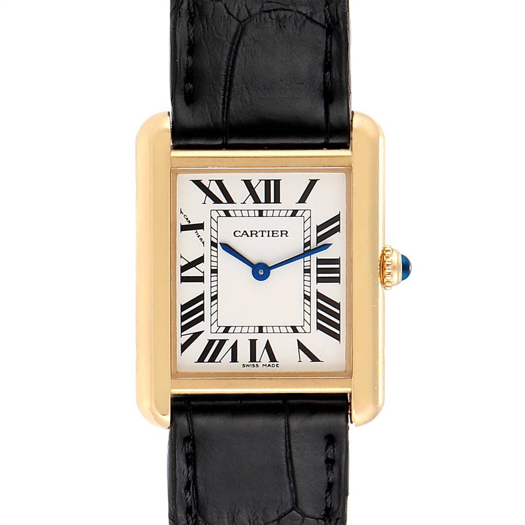 This image shows a front view of the Cartier Tank Solo W1018755 Women
s Steel and Gold (two tone) Silver Dial W1018755 Women
s Steel and Gold (two tone) Silver Dial watch, featuring its rectangular face with Roman numerals, blue hands, and black leather strap.
