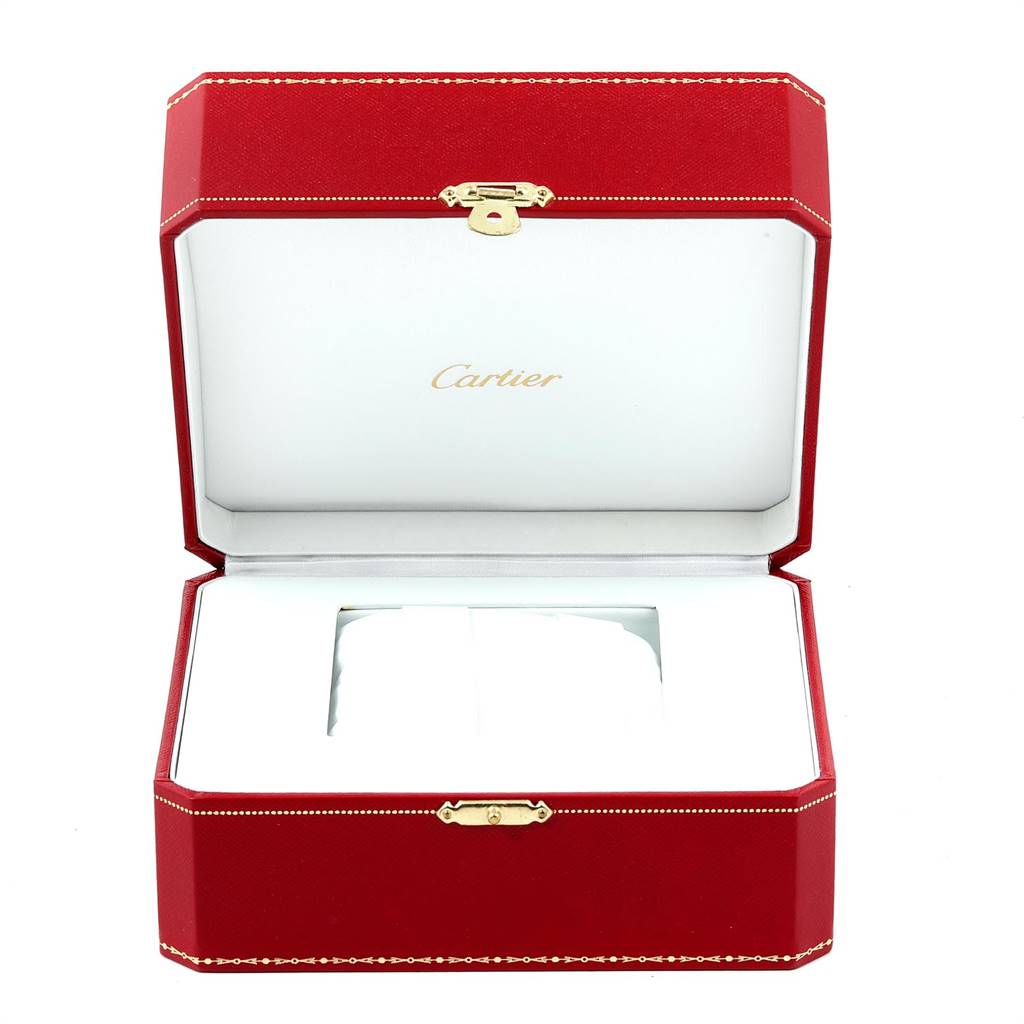 The image shows an open Cartier watch box for the Tank Solo model from a top-front angle.