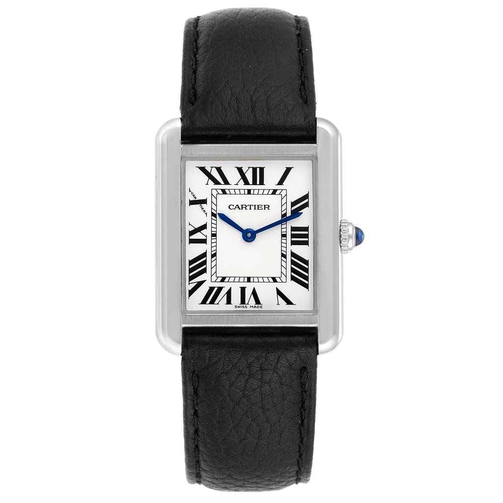 This image shows a front view of the Cartier Tank Solo W1018255 Women's Stainless Steel Silver Dial W1018255 Women's Stainless Steel Silver Dial watch, displaying the face, strap, and crown.