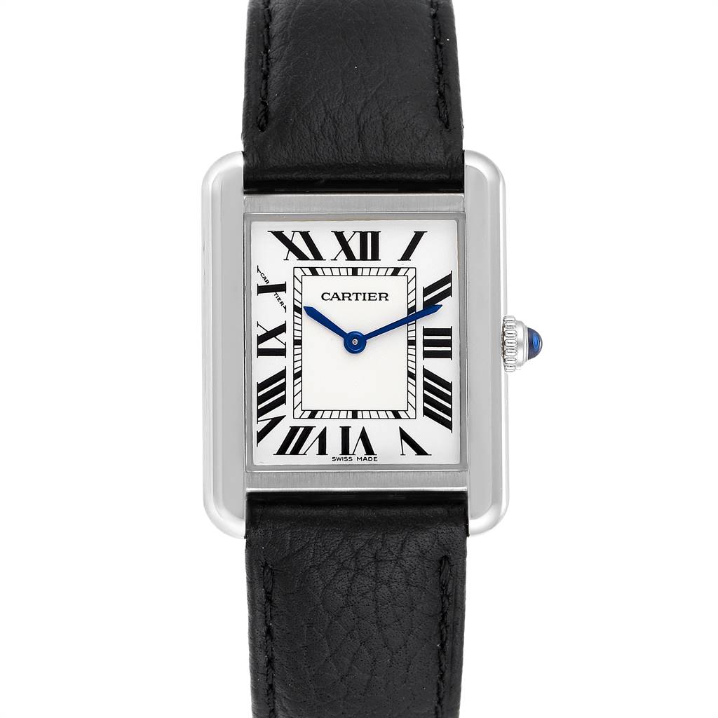 This is a straight-on view of the Cartier Tank Solo W1018255 Women's Stainless Steel Silver Dial W1018255 Women's Stainless Steel Silver Dial watch, showing the face, strap, and crown.
