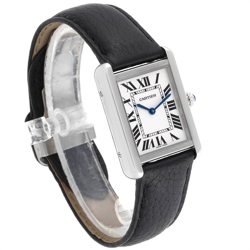 The image shows a Cartier Tank Solo W1018255 Women's Stainless Steel Silver Dial W1018255 Women's Stainless Steel Silver Dial watch at an angle showcasing its face, case, strap, and crown.