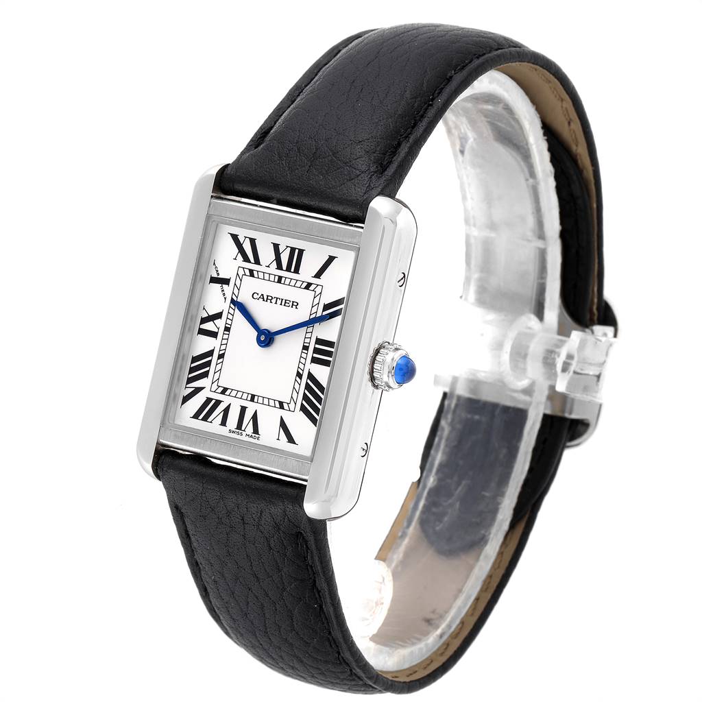 The image shows a Cartier Tank Solo W1018255 Women's Stainless Steel Silver Dial W1018255 Women's Stainless Steel Silver Dial watch at a three-quarter angle, highlighting the face, crown, and leather strap.