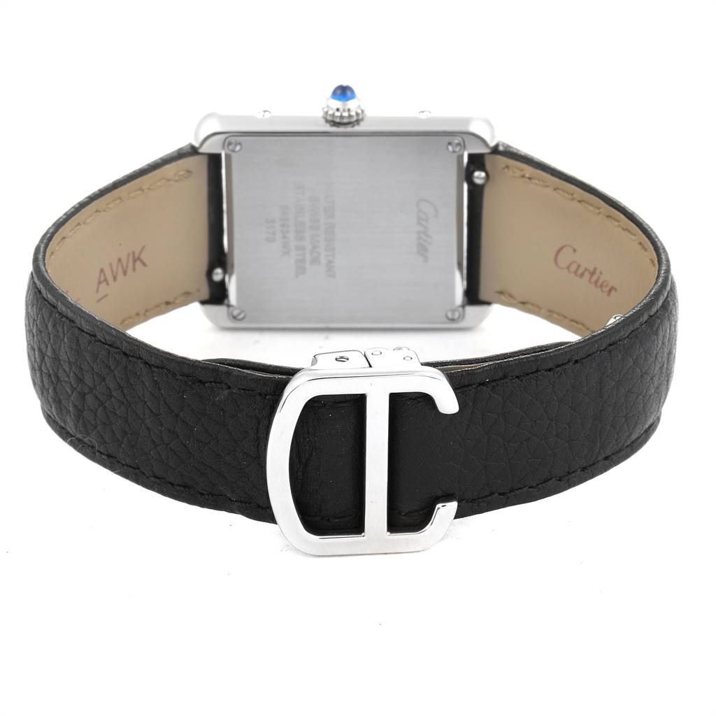 The image displays the back view of a Cartier Tank Solo W1018255 Women's Stainless Steel Silver Dial W1018255 Women's Stainless Steel Silver Dial watch showcasing its black leather strap and silver buckle.