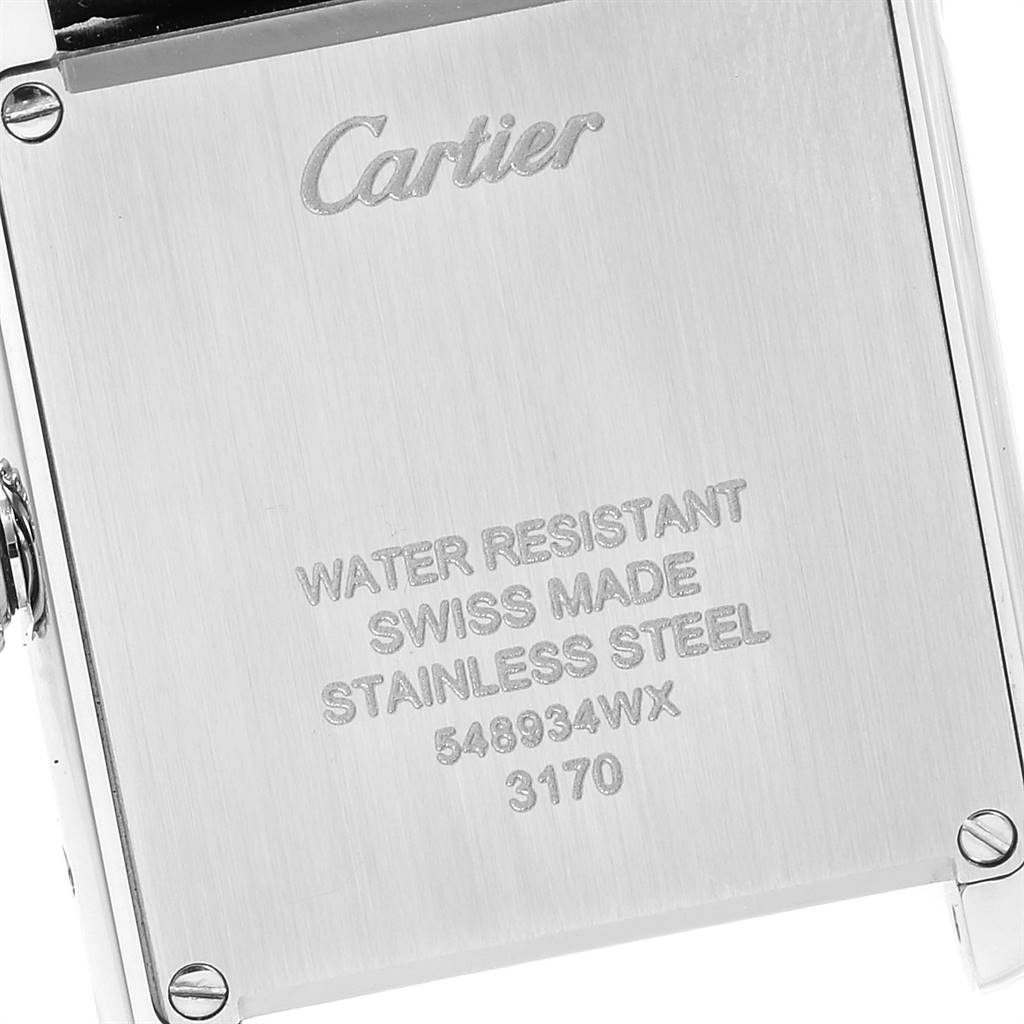 This image shows the back case of a Cartier Tank Solo W1018255 Women's Stainless Steel Silver Dial W1018255 Women's Stainless Steel Silver Dial watch with brand engravings and specifications visible.