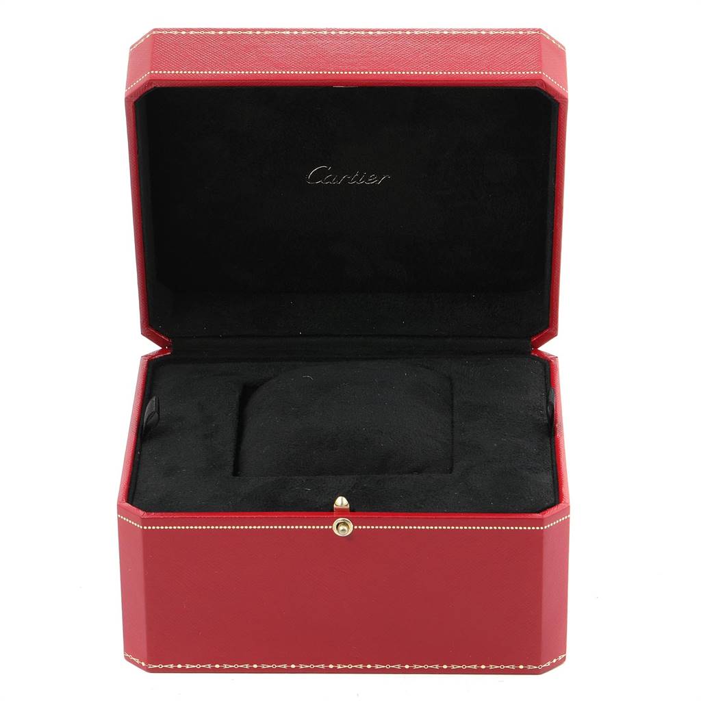 The image shows a Cartier Tank Solo W1018255 Women's Stainless Steel Silver Dial W1018255 Women's Stainless Steel Silver Dial watch box, which is red with black interior lining.