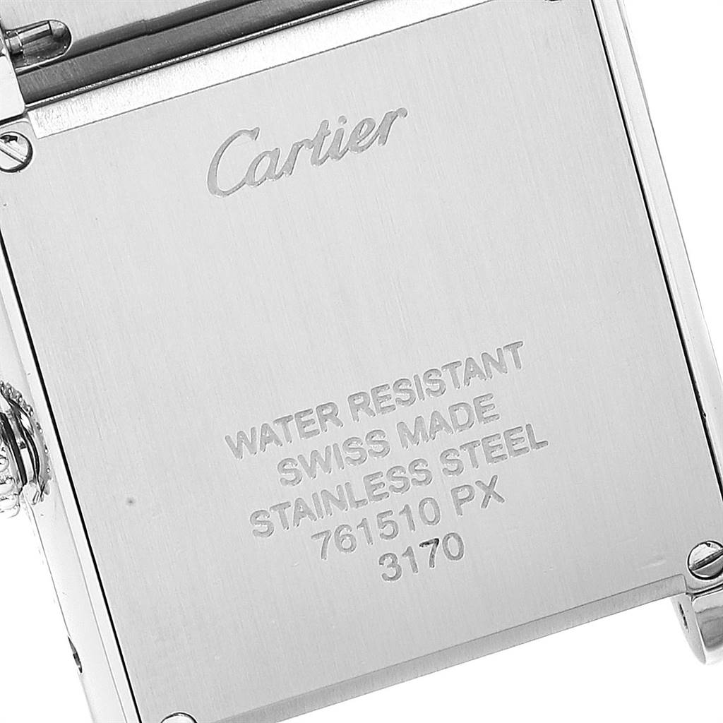 This image shows the back of a Cartier Tank Solo W5200013 Women's Stainless Steel Silver Dial W5200013 Women's Stainless Steel Silver Dial model watch, highlighting the engraving with brand details and specifications.