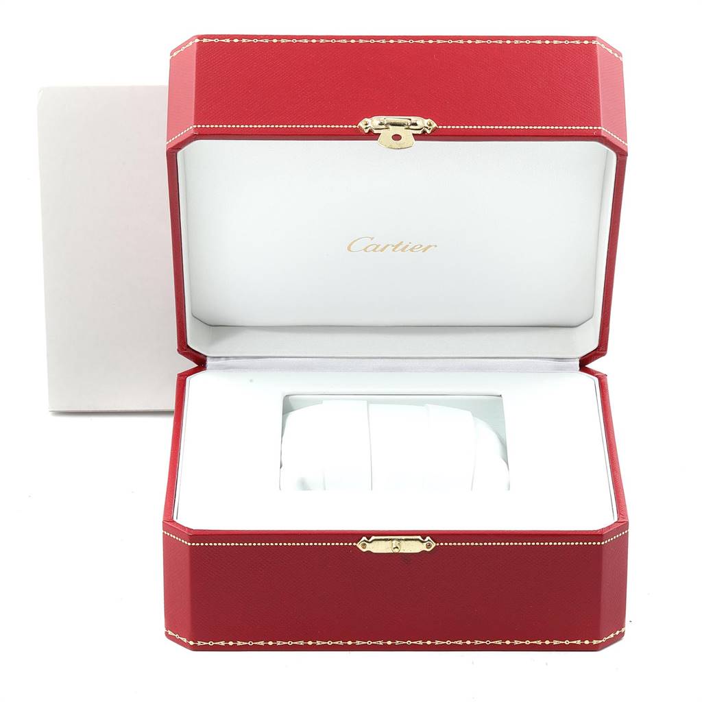 The image shows a Cartier Tank Solo W5200013 Women's Stainless Steel Silver Dial W5200013 Women's Stainless Steel Silver Dial watch box, opened to reveal the inner cushion.