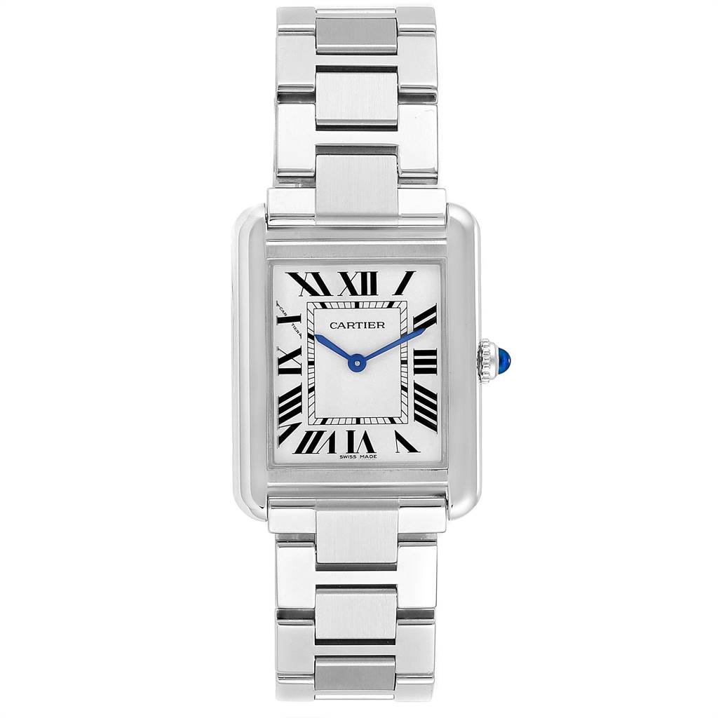 The image shows a Cartier Tank Solo W5200013 Women's Stainless Steel Silver Dial W5200013 Women's Stainless Steel Silver Dial watch from a front view, displaying the face, case, and bracelet.