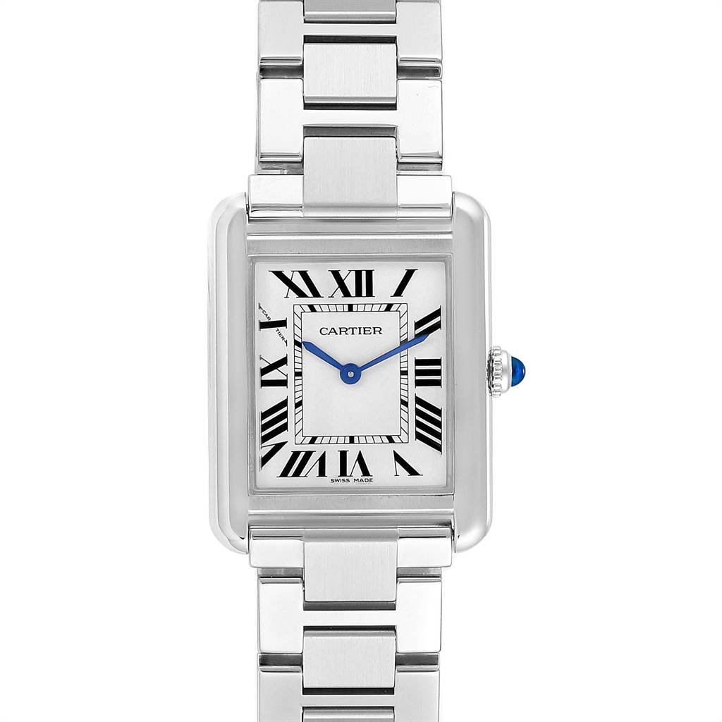 The image shows a top view of the Cartier Tank Solo W5200013 Women's Stainless Steel Silver Dial W5200013 Women's Stainless Steel Silver Dial watch, highlighting its face, Roman numerals, metal bracelet, and crown.