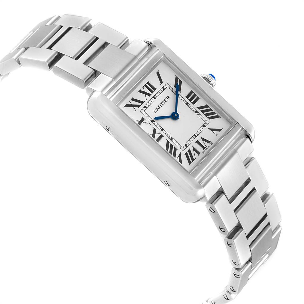 The Cartier Tank Solo W5200013 Women's Stainless Steel Silver Dial W5200013 Women's Stainless Steel Silver Dial watch is shown from a front angle, highlighting its rectangular face, silver bracelet, and blue hands.