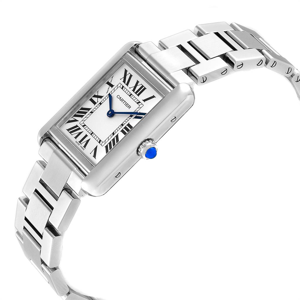 The image shows a Cartier Tank Solo W5200013 Women's Stainless Steel Silver Dial W5200013 Women's Stainless Steel Silver Dial watch at an angle highlighting the watch face and metal bracelet.