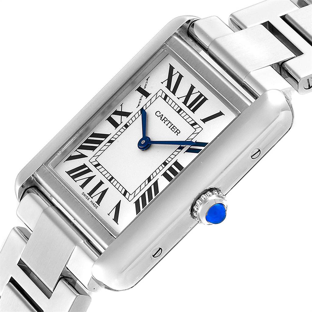 The image shows a Cartier Tank Solo W5200013 Women's Stainless Steel Silver Dial W5200013 Women's Stainless Steel Silver Dial watch with a silver bracelet, blue hands, and a sapphire cabochon crown, viewed at a slight angle.