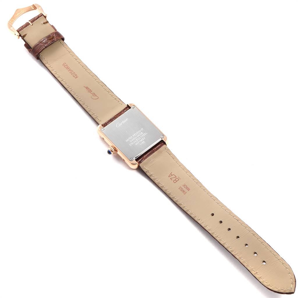 The image shows the back side of the Tank Solo watch by Cartier, including the leather strap and watch case.