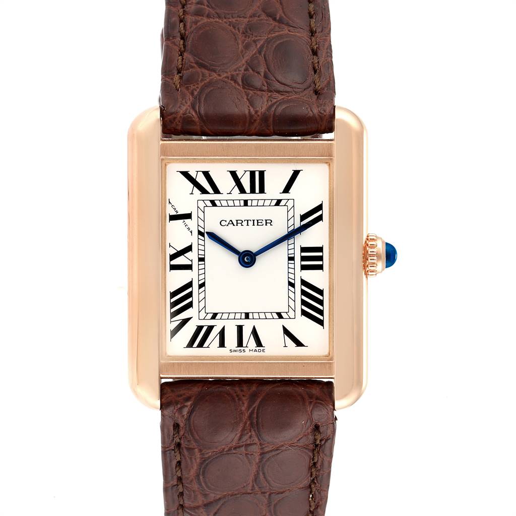 The image shows a front view of the Cartier Tank Solo W5200024 Women's Steel and Gold (two tone) Silver Dial W5200024 Women's Steel and Gold (two tone) Silver Dial watch, highlighting its rectangular face, Roman numerals, and brown leather strap.