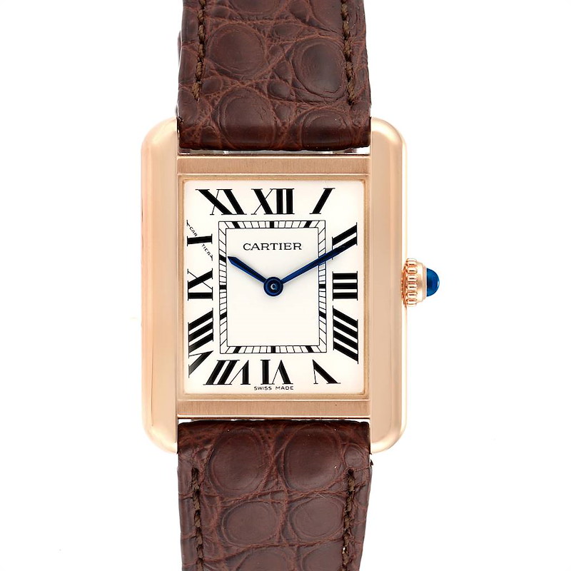 The image shows a front view of the Cartier Tank Solo watch, highlighting its rectangular face, Roman numerals, and brown leather strap.