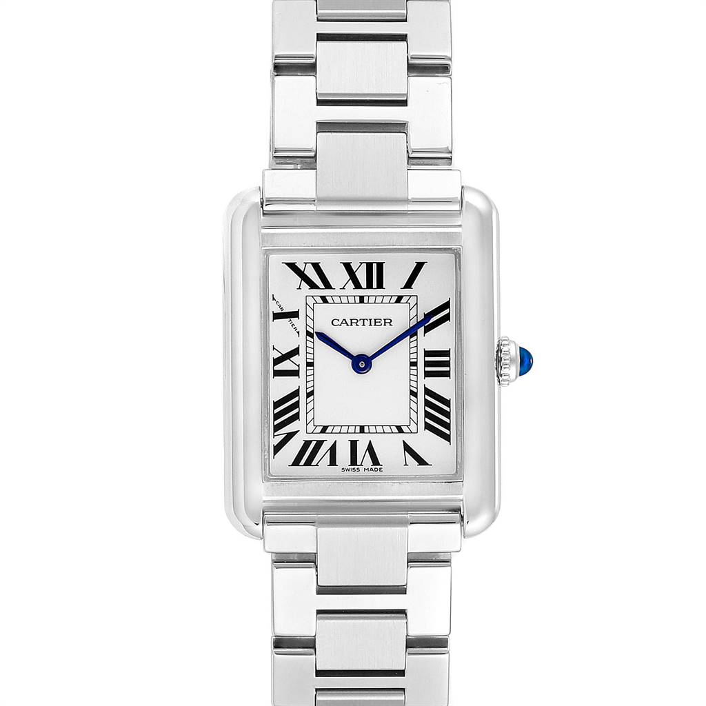 This image shows a frontal view of the Cartier Tank Solo W5200013 Women
s Stainless Steel Silver Dial W5200013 Women
s Stainless Steel Silver Dial model, displaying its face and metal bracelet.