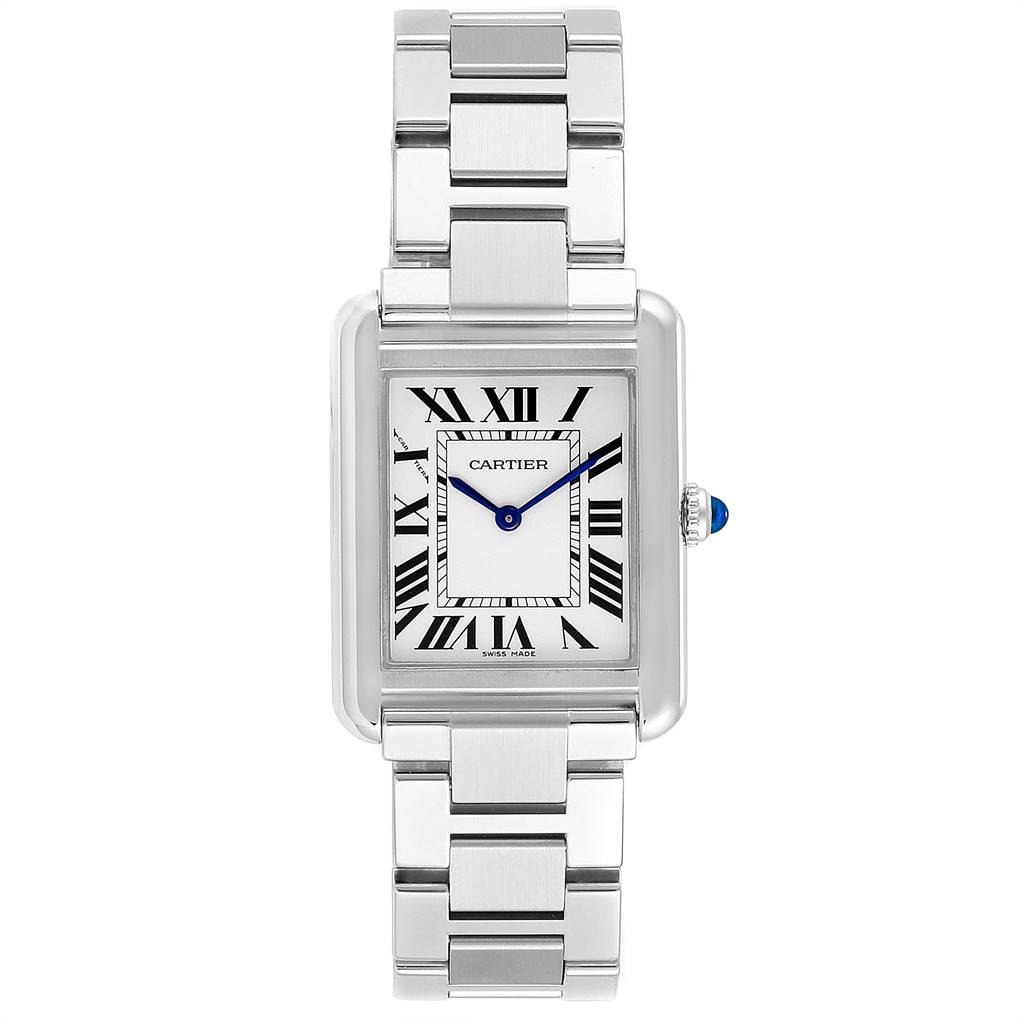 The Cartier Tank Solo W5200013 Women
s Stainless Steel Silver Dial W5200013 Women
s Stainless Steel Silver Dial watch is shown from the front, highlighting its rectangular face, Roman numerals, and metallic strap.