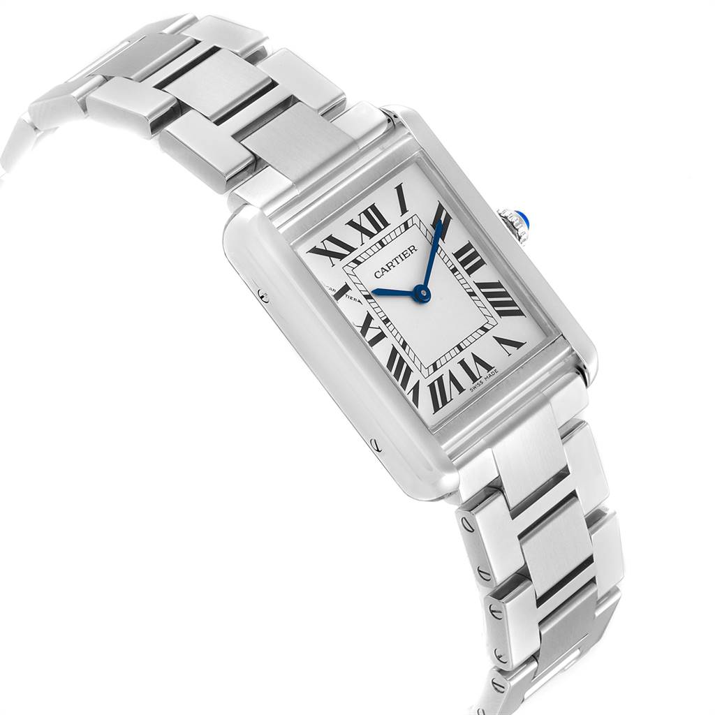 The Tank Solo by Cartier is shown at an angle, highlighting its rectangular face, Roman numerals, and stainless steel bracelet.