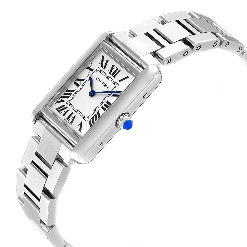 The image shows a Cartier Tank Solo W5200013 Women
s Stainless Steel Silver Dial W5200013 Women
s Stainless Steel Silver Dial watch at an angle highlighting the face, crown, and stainless steel bracelet.