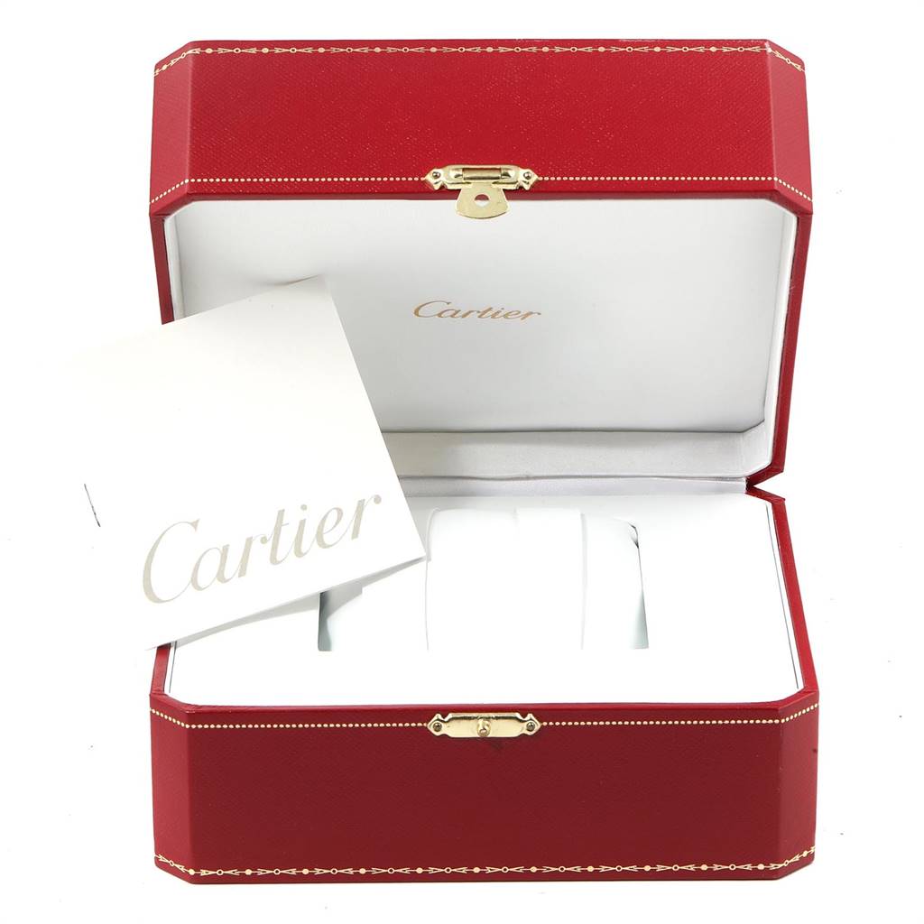 The image shows the open box and papers of a Cartier Tank Solo W5200000 Women's Stainless Steel Pink Dial W5200000 Women's Stainless Steel Pink Dial watch, viewed from the front.