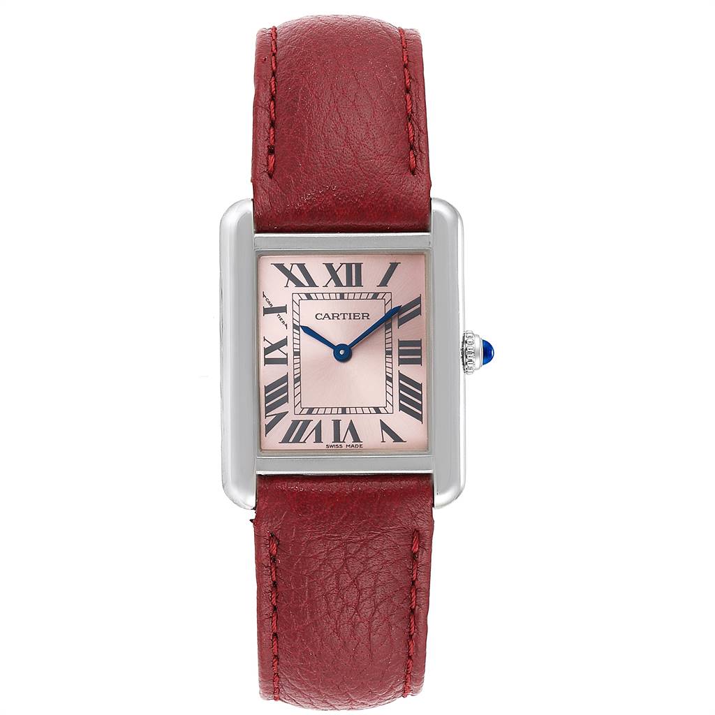 This image shows a front view of the Cartier Tank Solo W5200000 Women's Stainless Steel Pink Dial W5200000 Women's Stainless Steel Pink Dial watch with a red leather strap and rectangular face.