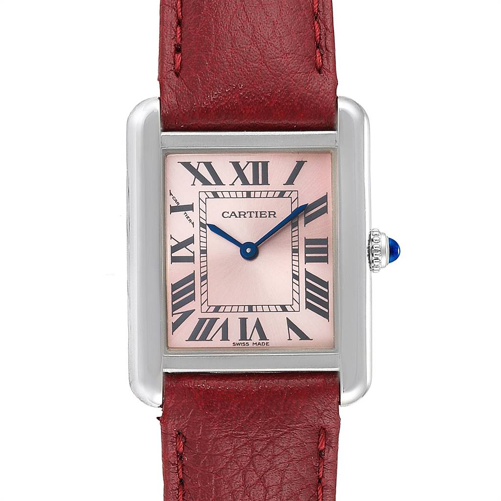 The image shows a front view of the Cartier Tank Solo W5200000 Women's Stainless Steel Pink Dial W5200000 Women's Stainless Steel Pink Dial watch with its rectangular face, Roman numerals, and red leather strap.