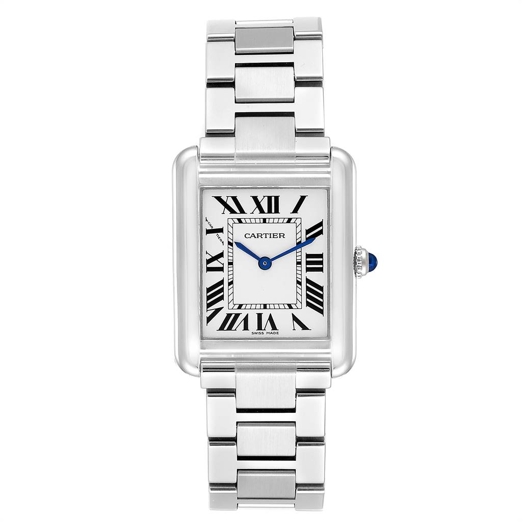 This image shows a front view of the Cartier Tank Solo W5200013 Women
s Stainless Steel Silver Dial W5200013 Women
s Stainless Steel Silver Dial watch, displaying its face, bracelet, and crown with a blue cabochon.